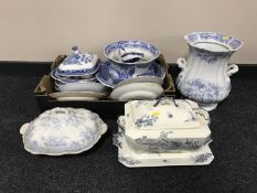 A quantity of blue and white china including dinner plates, wash basin,