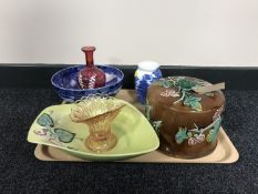 A tray of majolica style cover, Maling blue and white fruit bowl and vase,
