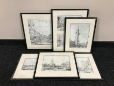 Six framed prints depicting scenes of Venice