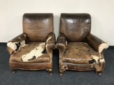 A pair of antique brown leather horse hair filled club chairs a/f