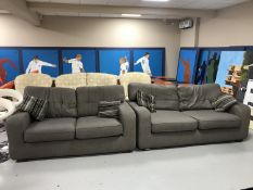 Three seater and two seater settees in contemporary grey cloth fabric with four scatter cushions