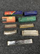 A box of assorted harmonicas by Hohner,