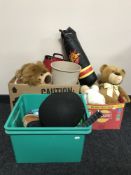 Three boxes of soft toys, die cast vehicles,