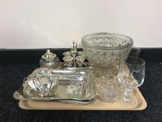 A tray of plated pieces, egg cups, sugar basin, assorted glass ware, hand painted jug,