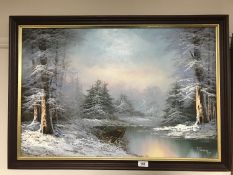 Two contemporary framed oils - winter landscape and Parisian street scene signed M.