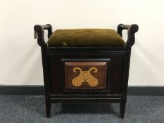 An early 20th century inlaid mahogany storage piano stool