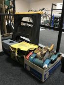 Two folding trestle stands, tool box and tools, box of electric bench grinder, electric sander,