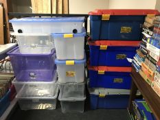 A quantity of plastic storage crates