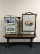 An oak and leatherette pew, smoker's stand,