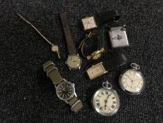 A box of assorted wrist watches, Ingersol pocket watch,
