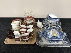 Two trays of antique blue and white dinner ware, tureens, china tea service,