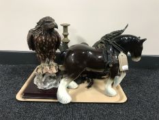 A tray of brass candlesticks, china shire horse,