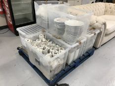 Five plastic crates of assorted catering dinner ware, glass ware,