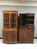 A yew wood corner display cabinet, matching TV cabinet,
