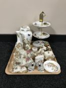 A tray of Royal Worcester Evesham cake stand, Aynsley cottage garden lidded jar vase and dish,