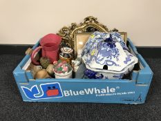 A box of ornate gilt framed mirror, Masons Dragon design soup tureens, Spanish ornaments, candles,