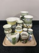 A tray of eleven Nixon & Bolam St Anthony pottery vases and a salt seller