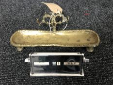 An antique brass pen stand and a chrome Art Deco calendar