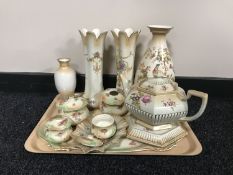 A tray of Crown Ducal vases, china trinket set,