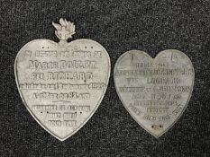 Two cast metal heart shaped French plaques dated 1928 and 1936
