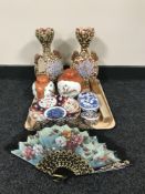 A tray of Imari plate, 20th century ginger jars and pill boxes,