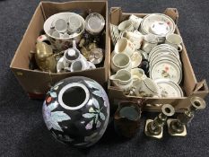 Two boxes of dinner ware, plated pieces, candlesticks, Doulton Westwood tea service,