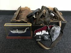 A box of cased galleon, binoculars, Minolta camera with lens,