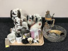 A tray of six Staffordshire dogs, commemorative mugs, horn, beer stein,