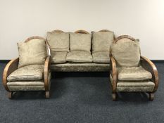 A walnut framed begere framed three piece suite