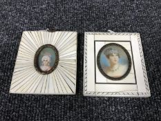 Two portrait miniatures, both depicting female sitters, both framed.