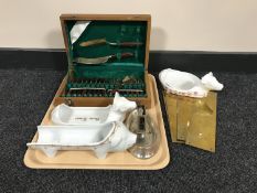 A canteen of teak handled cutlery, brass door plates, plated ash tray with match box holder,