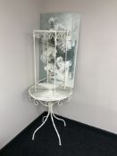 A circular metal patio table,