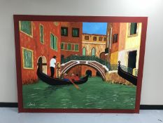 A large framed oil on canvas mounted on board by Gareth Thomas - a Venice canal scene,