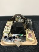 A tray of Bell & Howell cine camera, Fujica camera, early 20th century wooden mantel clock,