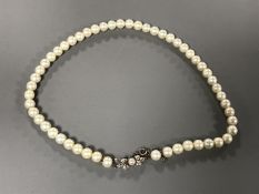 A fine quality strap of uniform pearls with 18ct gold diamond clasp