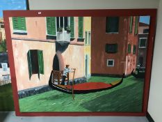 A large framed oil on canvas mounted on board by Gareth Thomas - a Venice canal scene,