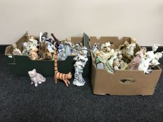 Two boxes of assorted figures and ornaments, three framed signed pictures inc.