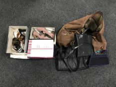 A brown gent's overnight holdall containing lady's CK bag, Tulula bag,