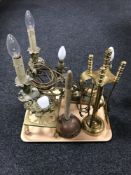 A 19th century two-branch candelabrum converted to a table light, together with a similar lamp,