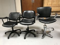 One chrome framed hydraulic beauticians chair and two other gas lift chairs