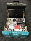 A box of LP records, box of vintage record player, Seimens laptop,