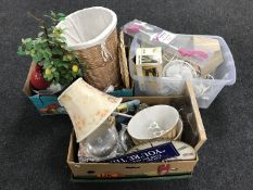 Three boxes of wicker framed mirror, wicker bin, wall plaques, wall clocks, table lamps,
