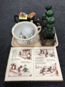 A tray of vintage Bobby Bears annual, three green glass decanters with labels,