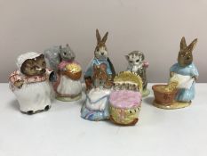 Six Beswick Beatrix Potter figures - Miss Moppet, Goody Tiptoes, Hunca Munca, Peter Rabbit,