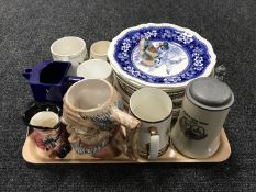 A tray of wall plates, character jugs,