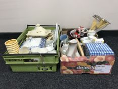 Four boxes of assorted china, dinner ware, collector's plates, Maling tureen and serving plate,