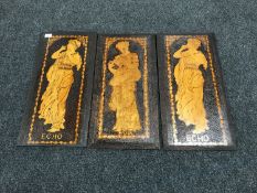 Three Arts and Crafts poker work panels - Echo, Hyceia and Echo, 30 cm x 61 cm.