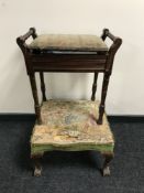 An Edwardian storage piano stool and music books and a tapestry footstool