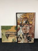 A tray of glass ware, Spanish figures, brass teapots, carriage clock,