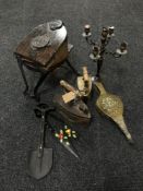 A vintage Fletcher Russell bellows, set of vintage irons,